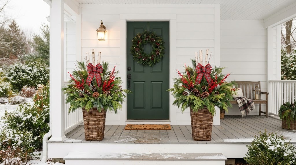 Christmas porch planters: two tall woven planters full of evergreen, red berries, pinecones and plaid bows by a front door