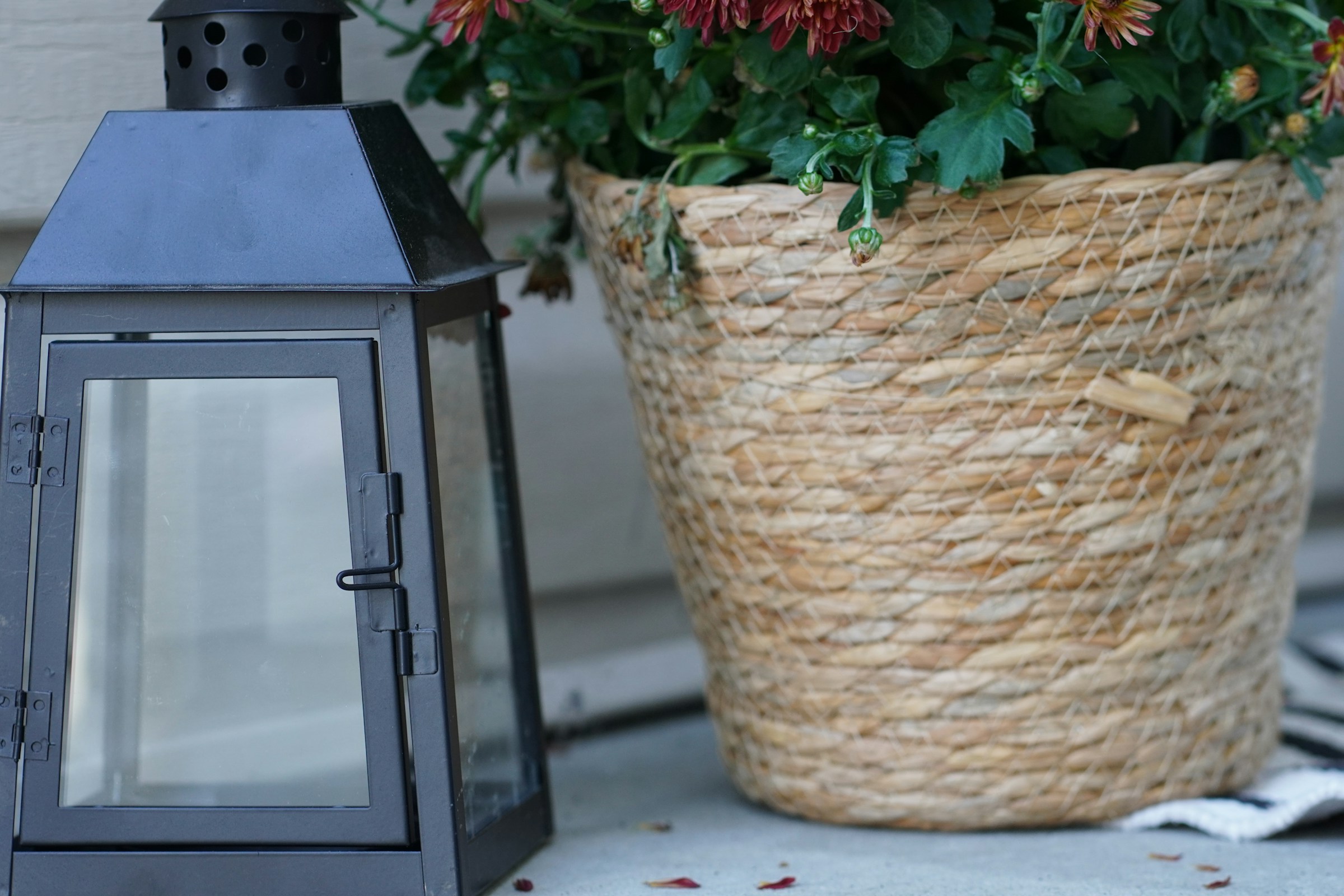 Black metal lantern beside a woven basket of red flowers on a porch