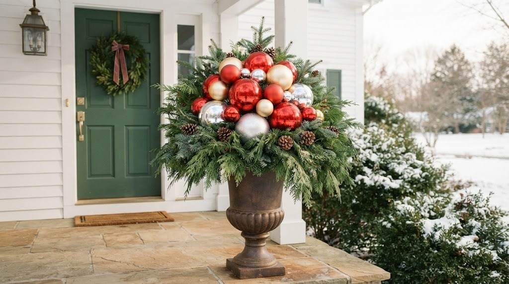 Porch urn of evergreen topped with oversized red, gold and silver shatterproof ornaments