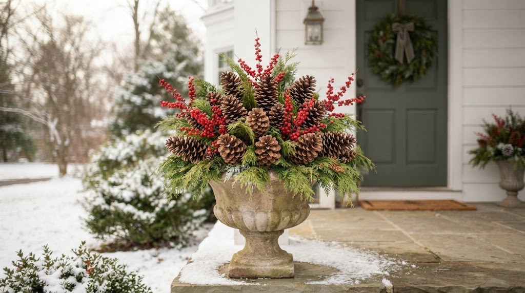 Christmas porch planters idea: stone urn overflowing with pinecones, red winterberry and cedar sprigs