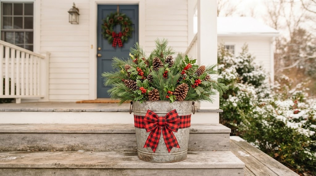 Galvanized bucket wrapped in red and black buffalo plaid ribbon filled with pine, holly and pinecones on porch steps