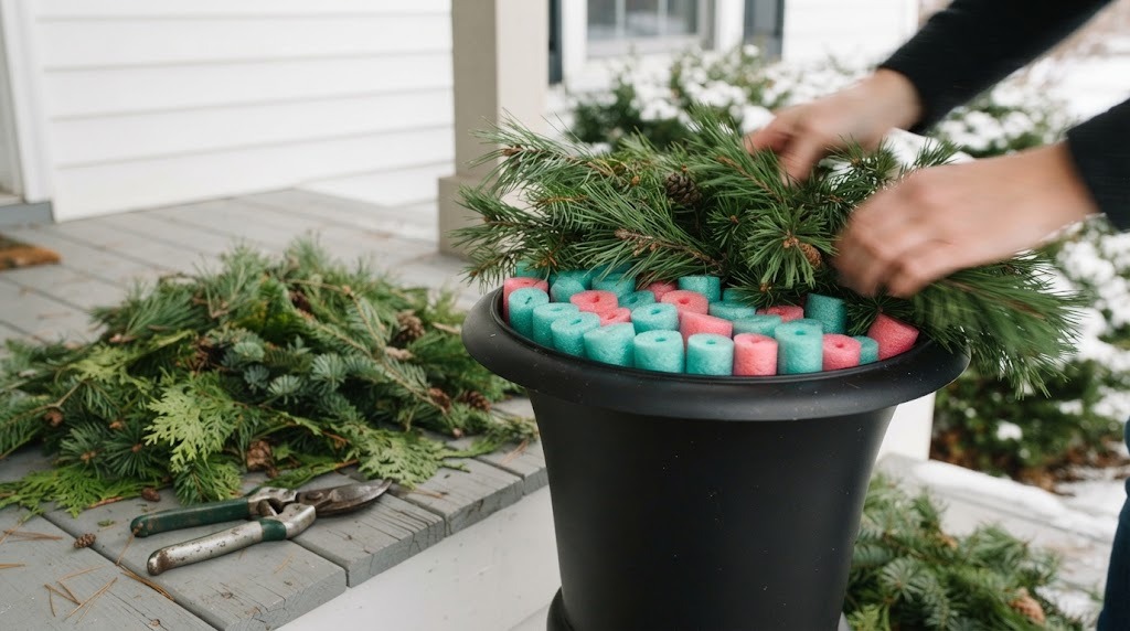 Tall black porch urn filled with pool noodle pieces under fresh pine branches