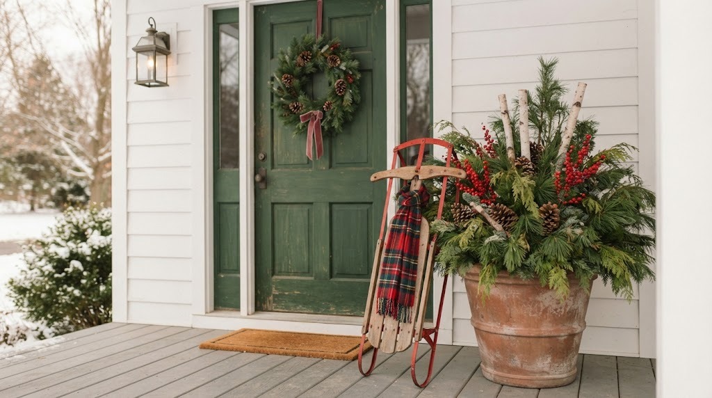 Vintage wooden sled with red runners leaning against a planter of evergreen and pinecones by a front door