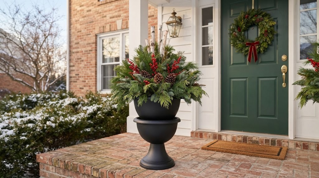 Christmas porch planters made from two stacked black bowls filled with evergreen and red berries by a door