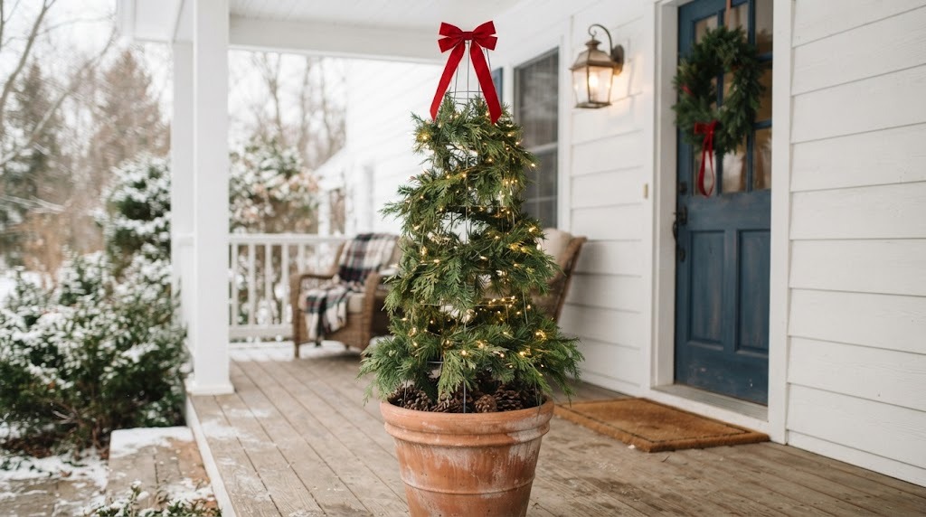 Cone shaped tree made from an upside down tomato cage wrapped in garland and lights in a terracotta pot