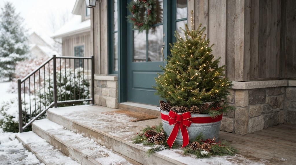 Christmas porch planters idea: small potted evergreen with fairy lights in a galvanized tub by the door