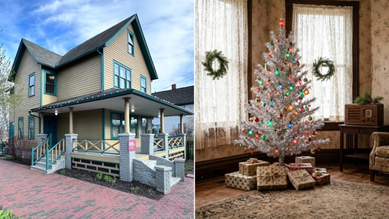 Christmas Story House in Cleveland next to a cozy 1940s style living room with a silver tinsel tree and colored bulbs