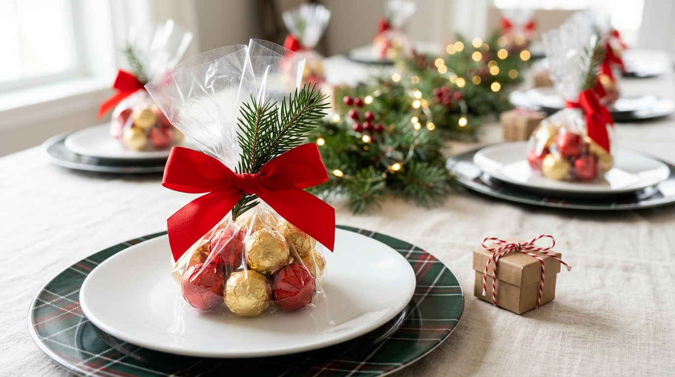 Christmas table favors of chocolate truffles in a cellophane bag with a red bow on a holiday plate