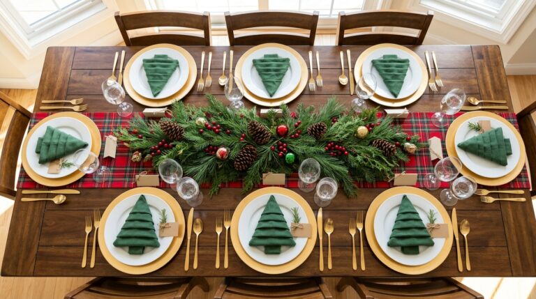 Christmas table ideas: a long dinner table with a plaid runner, gold chargers and tree folded napkins