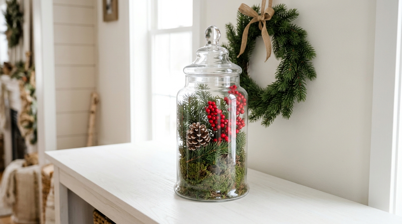 Glass apothecary jar filled with green moss and red berries