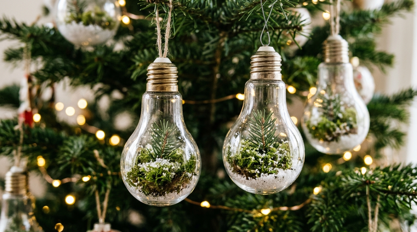 Christmas terrarium ideas with clear light bulb ornaments holding tiny moss gardens on a Christmas tree