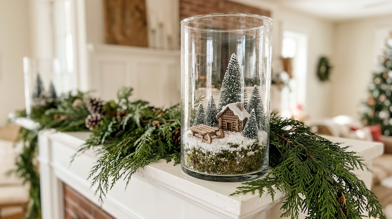 Christmas terrarium ideas with a log cabin, wooden sled and tiny pines in a tall glass vase on a mantel