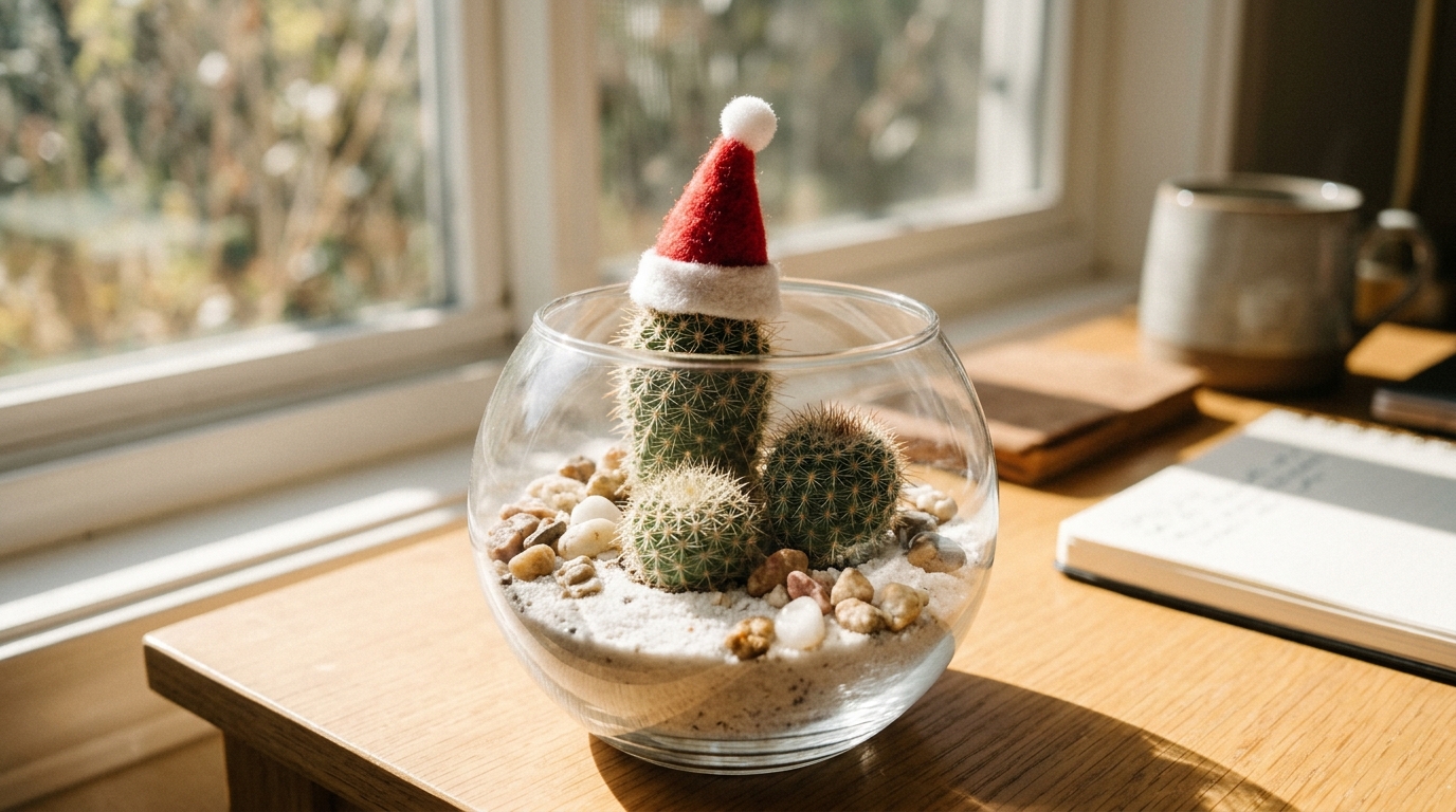Small cactus wearing a tiny red felt Santa hat in a glass terrarium bowl on a sunny desk