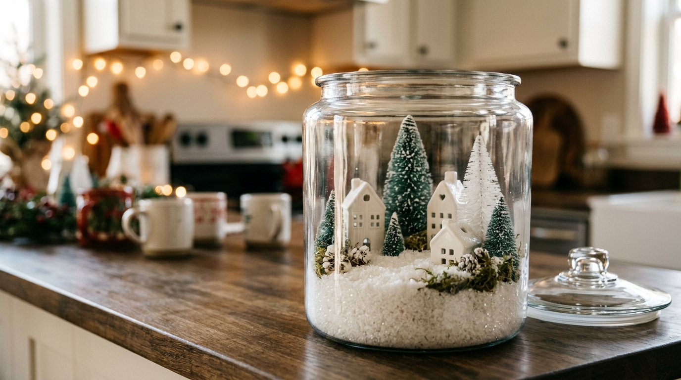 Glass cookie jar holding a tiny snowy village with white houses and bottle brush trees