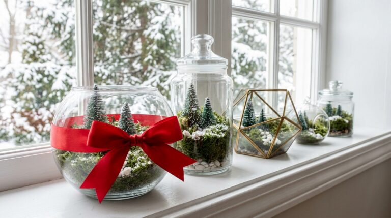 Christmas terrarium ideas with five glass terrariums of moss, tiny pines and snow on a bright windowsill, one tied with a red bow