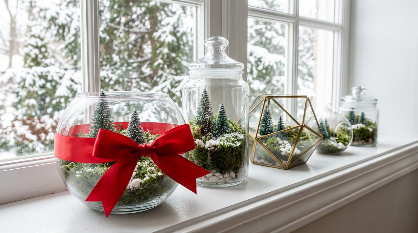 Christmas terrarium ideas with five glass terrariums of moss, tiny pines and snow on a bright windowsill, one tied with a red bow