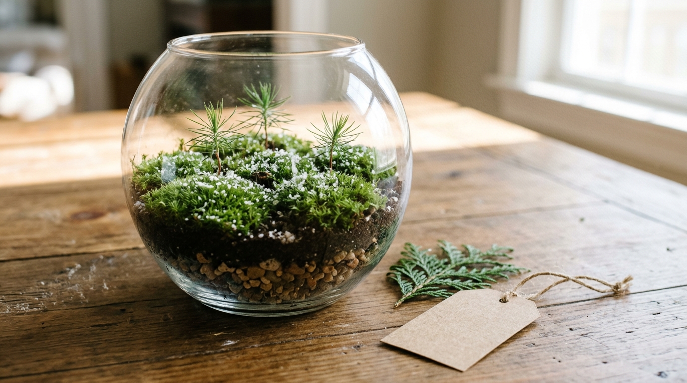 Round fishbowl terrarium with green cushion moss, tiny pine seedlings and a little faux snow on a wooden table