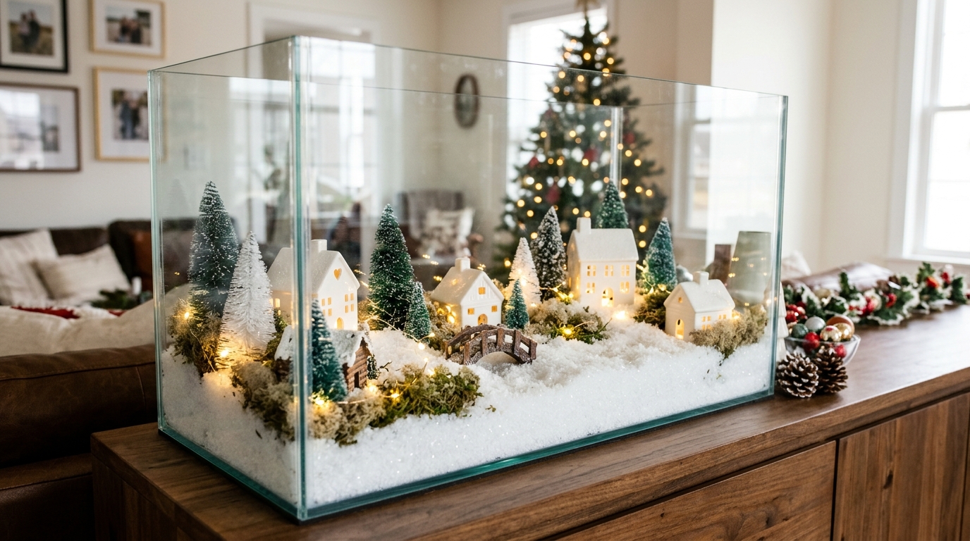 Christmas terrarium ideas with a glass fish tank turned into a tabletop village with tiny houses, trees, snow and fairy lights