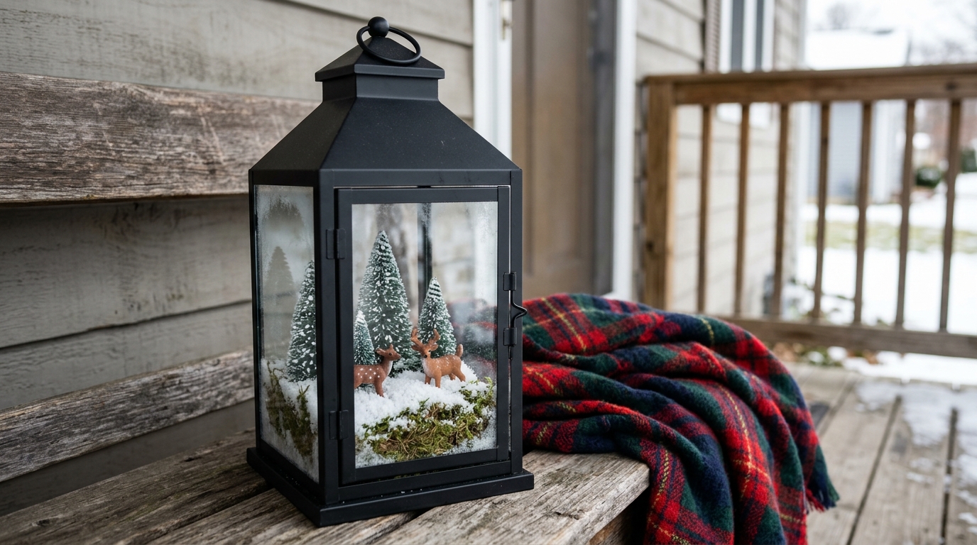 Black metal lantern terrarium with moss, tiny pine trees, faux snow and two small deer on a porch bench