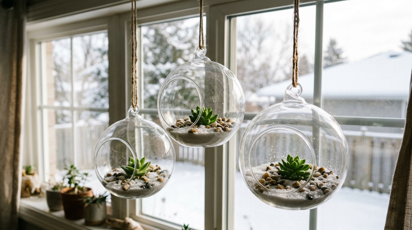 Hanging glass terrarium orb with a small succulent and pebbles in a bright window