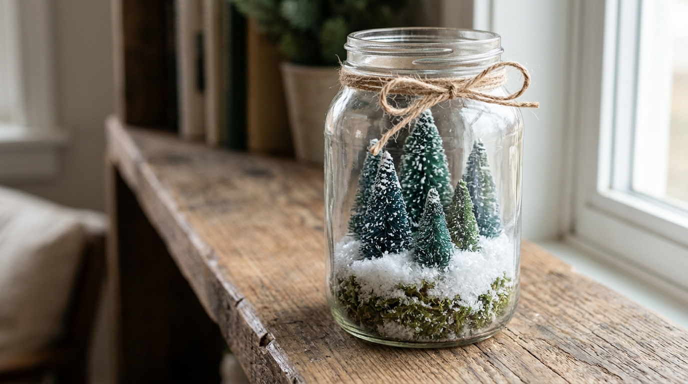 Christmas terrarium ideas with a pickle jar winter forest of bottle brush trees, moss and faux snow on a wooden shelf