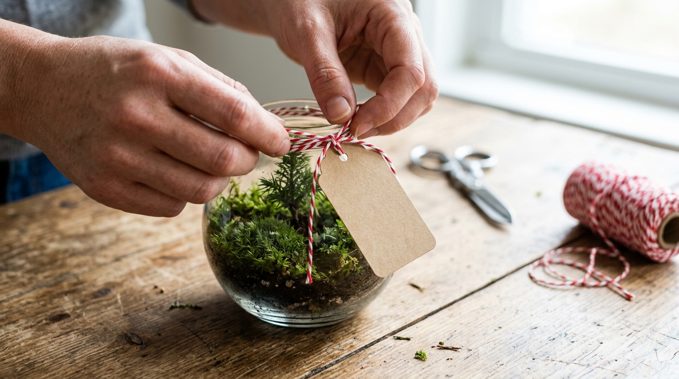 Hands tying a kraft gift tag with red and white twine onto a small moss terrarium