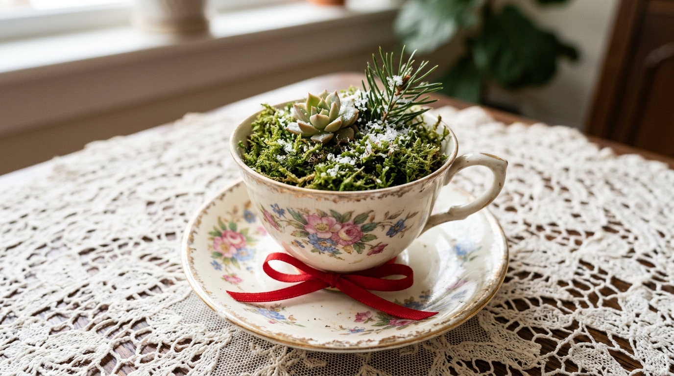 Christmas terrarium ideas with a vintage floral teacup filled with moss, a succulent and faux snow
