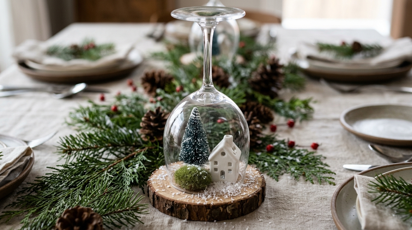 Upside down wine glass covering a tiny winter scene with moss, a tree and a white house on a holiday table