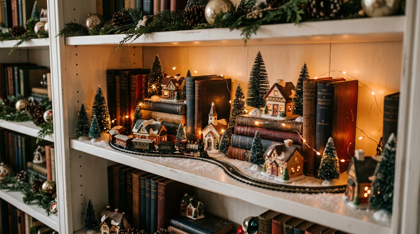 Christmas train decor winding through a bookshelf village with glowing houses