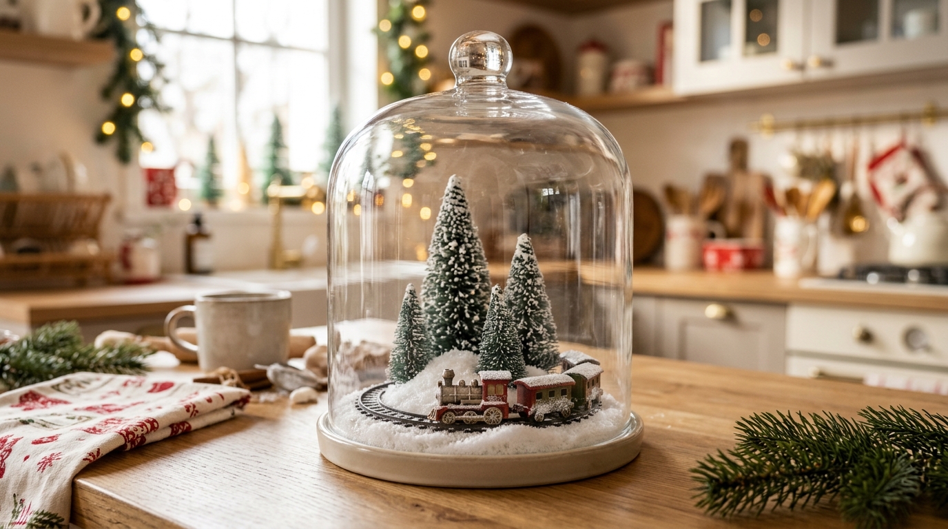 Tiny toy train on a round track under a glass cake dome with snowy trees