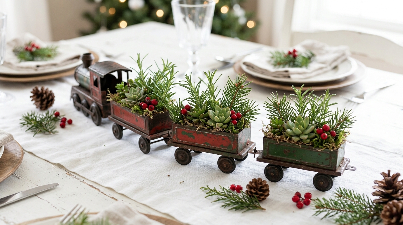 Old metal toy train cars planted with rosemary, succulents and red berries