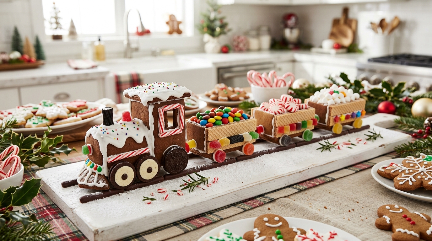 Gingerbread cookie train with cars full of candy and peppermints