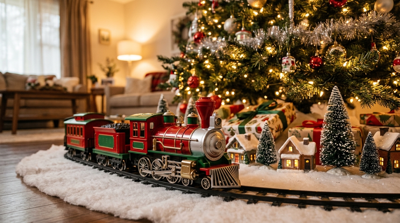 Christmas train decor with a red and green vintage toy train circling a Christmas tree on a snowy village mat