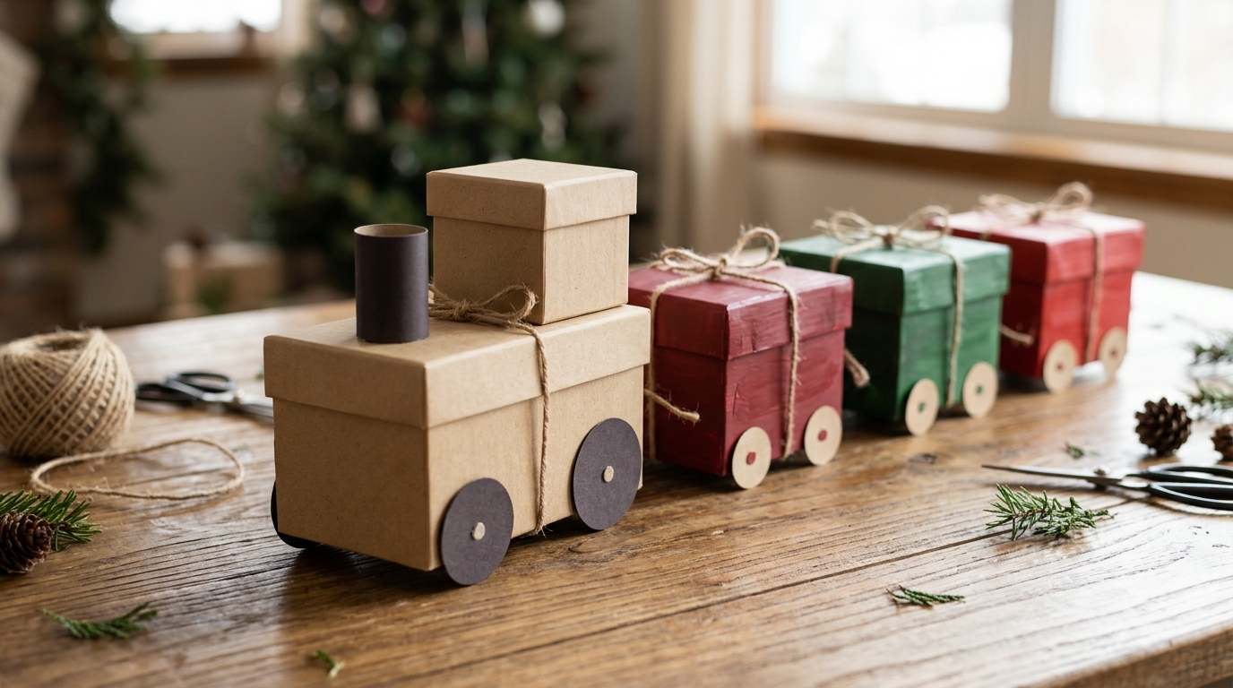 Kraft gift boxes painted red and green and shaped into a little train
