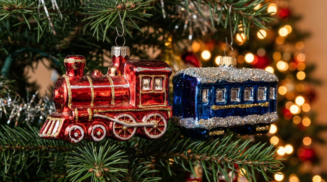 Red glass locomotive and blue passenger car ornaments on a pine tree