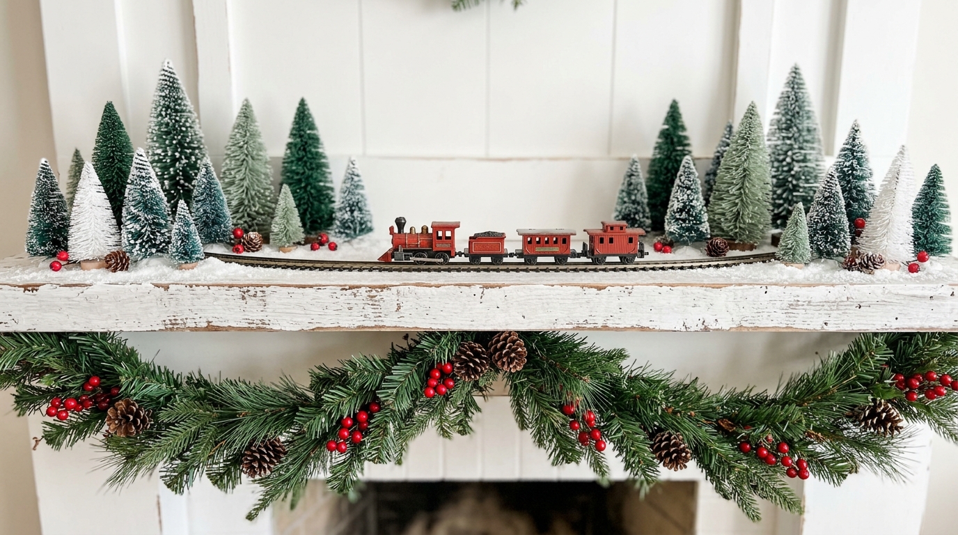 Red toy train on a white mantel between frosted bottle brush trees