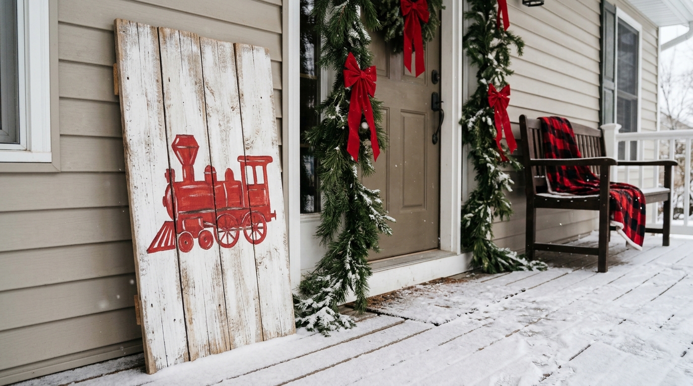 Christmas train decor porch sign with a red engine painted on white planks