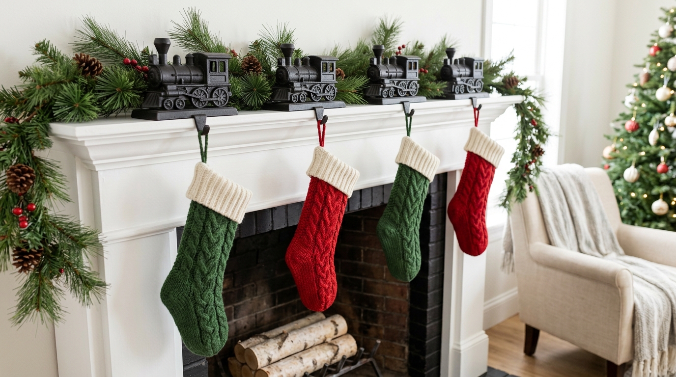 Black toy engine stocking holders on a white mantel with knit stockings