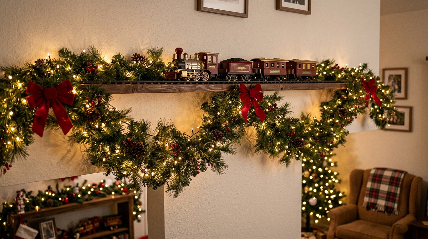 Christmas train decor on a lighted pine garland shelf along a living room wall
