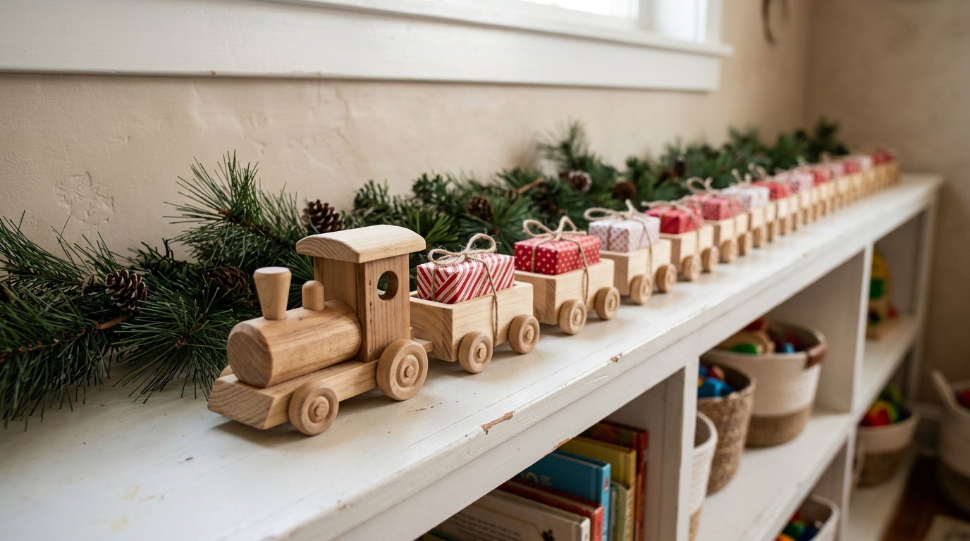 Wooden toy train countdown with small wrapped treats in every car