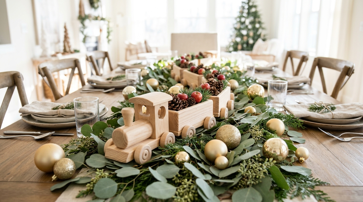 Christmas train decor centerpiece with a wooden toy train carrying pine cones and apples