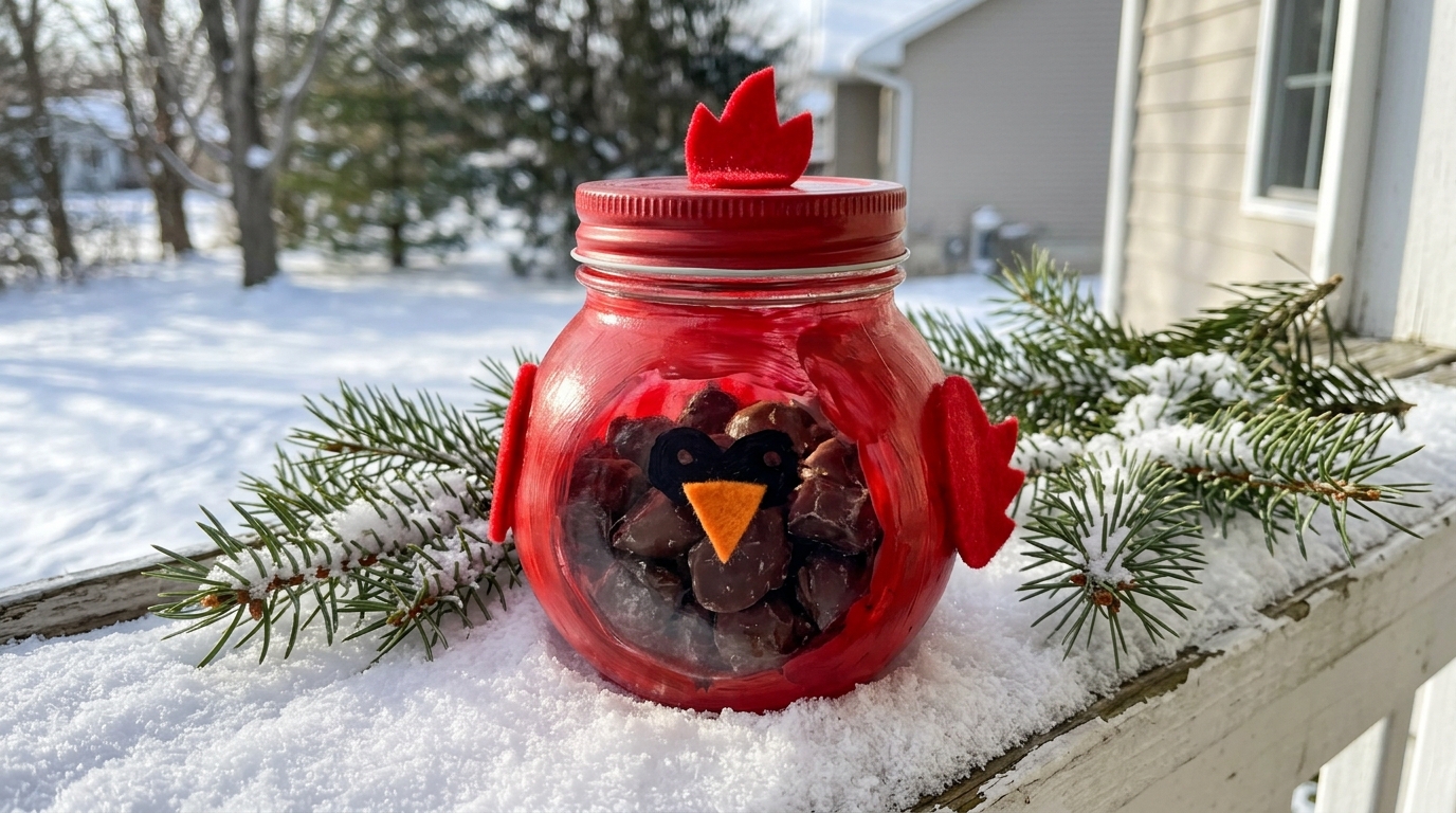 Red cardinal Christmas treat jars with felt wings on a snowy windowsill