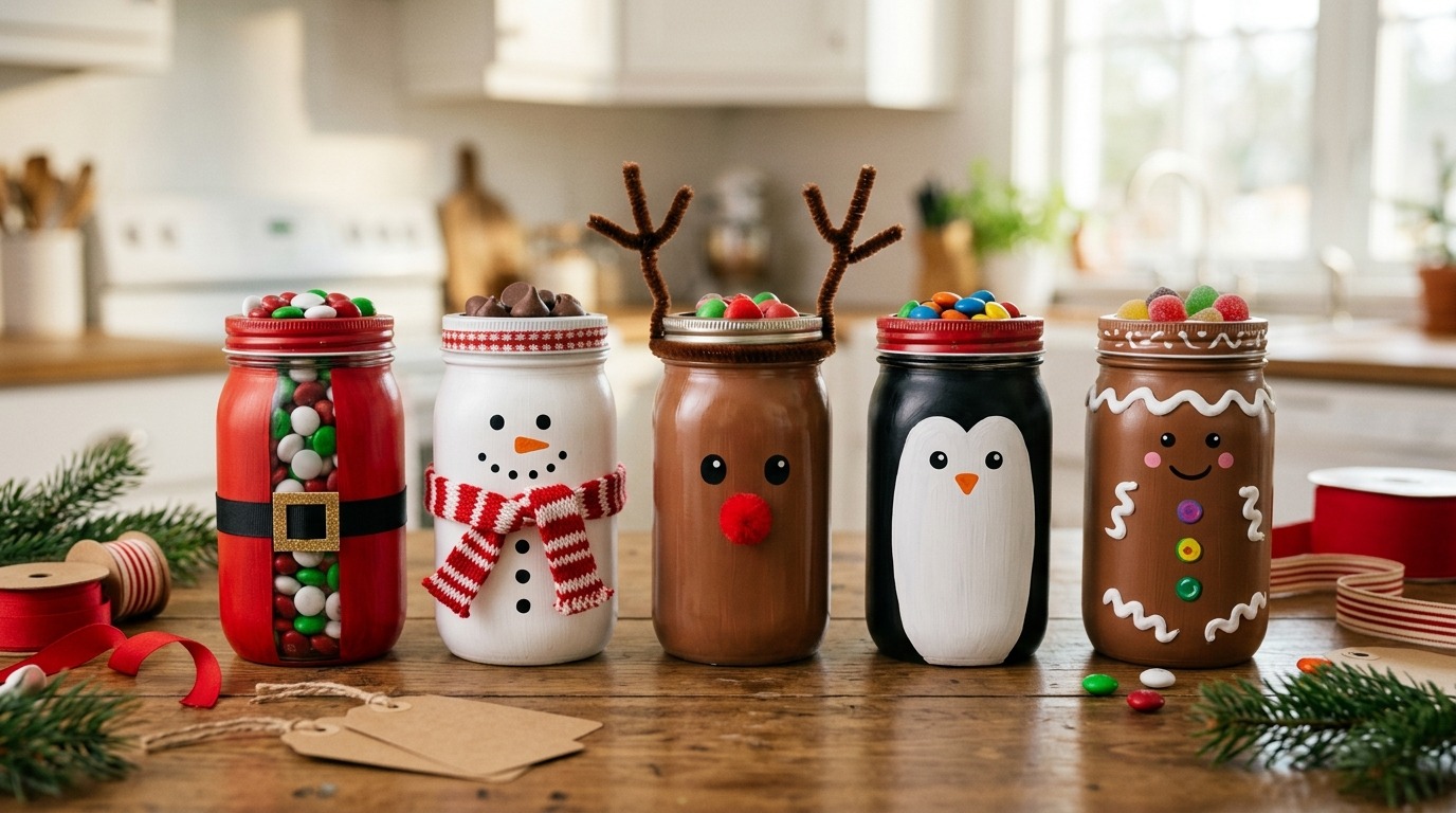 Christmas treat jars painted as Santa, a snowman, a reindeer, a penguin and a gingerbread man, filled with candy on a kitchen table