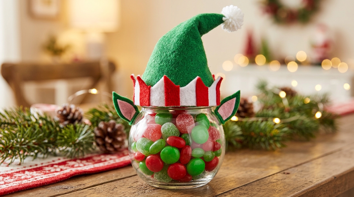 Small jar of gumdrops with a green felt elf hat on the lid and felt ears