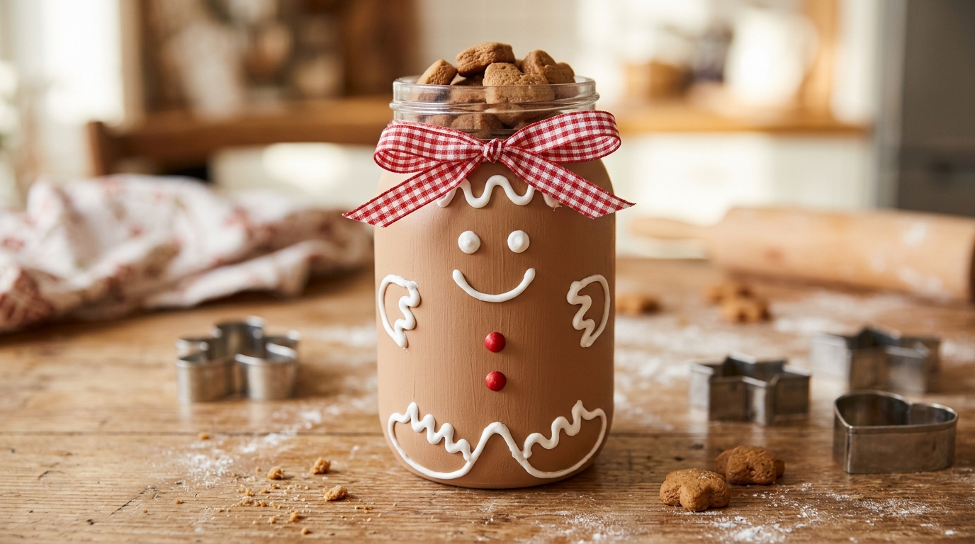 Gingerbread man Christmas treat jars with white puffy paint icing and a gingham bow