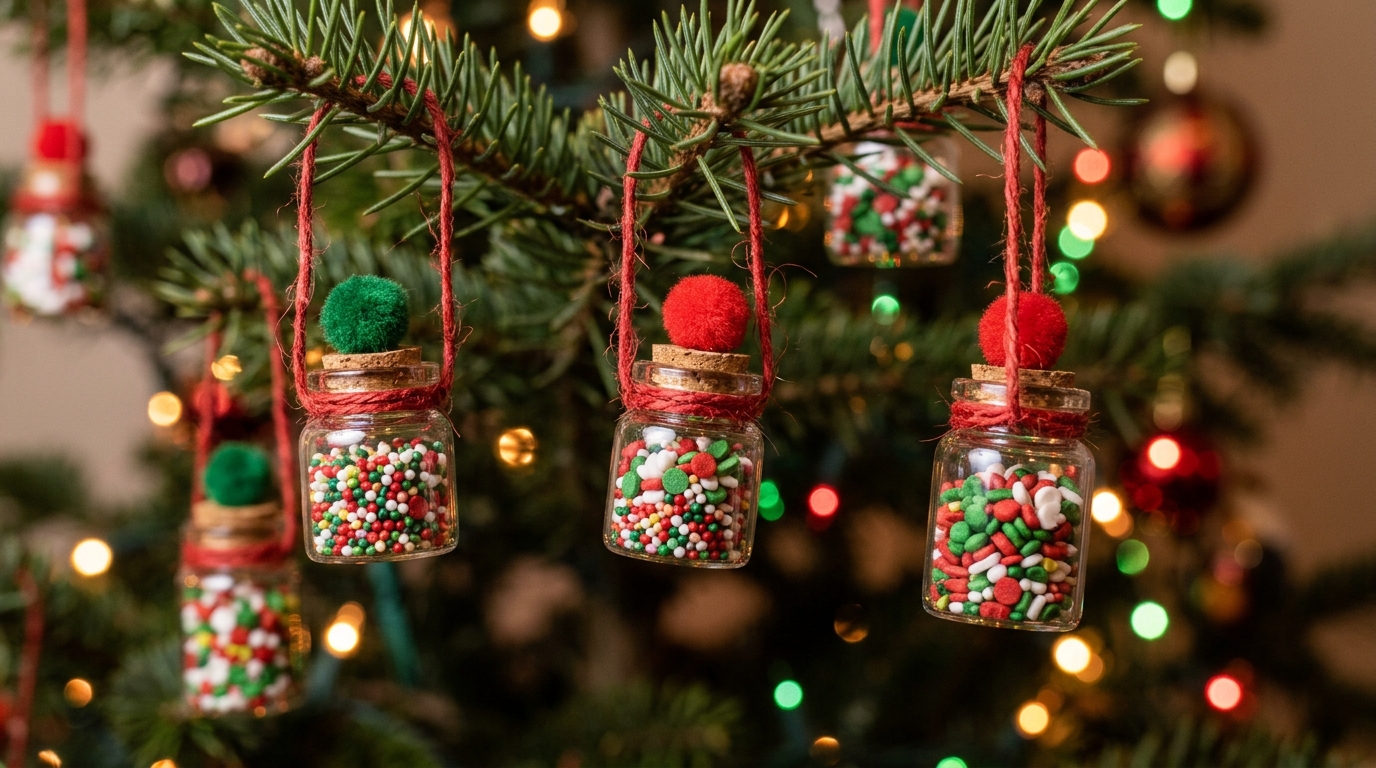 Mini jars of sprinkles hanging on a tree branch with pom pom lids