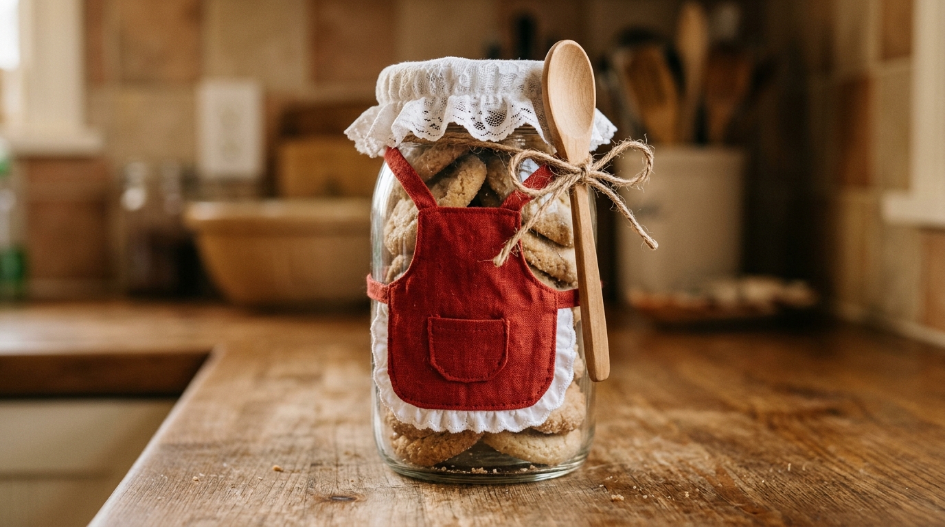Cookie jar dressed in a tiny red apron with a lace cap and a wooden spoon