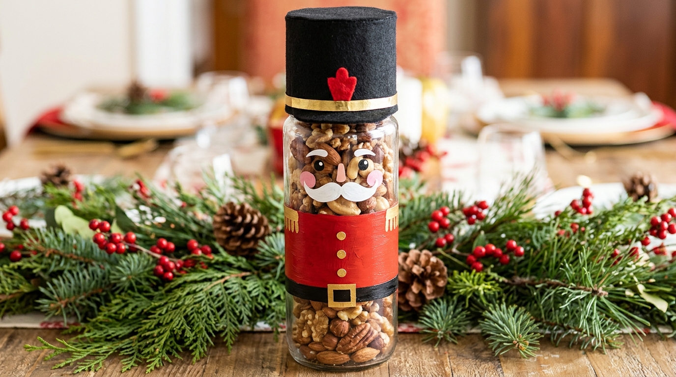 Tall jar painted like a toy soldier with a red coat and black hat, filled with mixed nuts