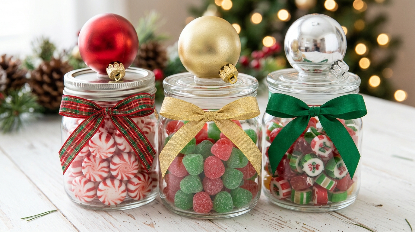 Three candy jars with red, gold and silver ball ornaments glued on the lids