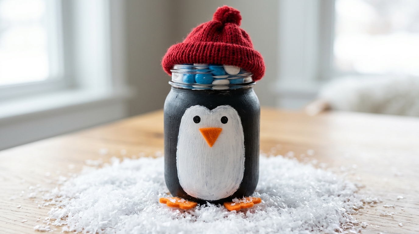 Black and white penguin jar with an orange beak and a red knit hat on fake snow